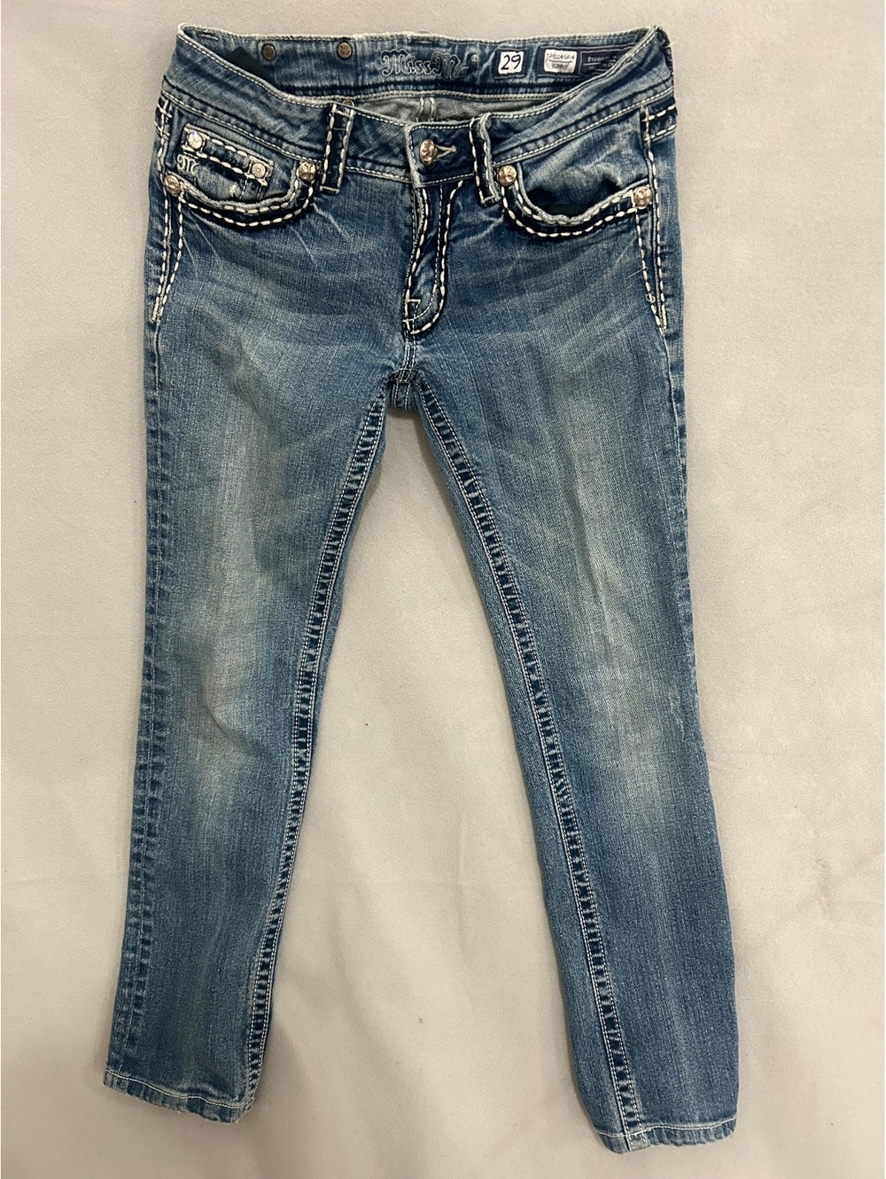 Miss Me Women's Blue Denim Jeans Size 29 Medium Wash with Embellished Pockets